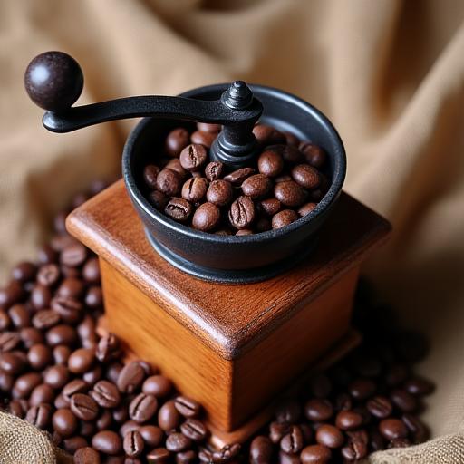 Thumbnail of coffee beans artfully arranged next to a traditional coffee grinder.