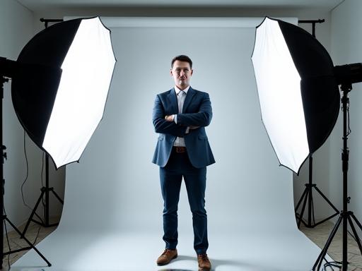 Professional corporate photoshoot setup with studio lighting and a businessman posing.