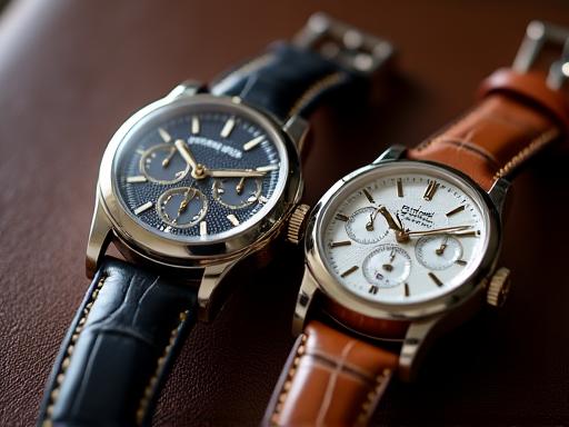 Close-up of luxury watches and wallets meticulously arranged for a product shot.